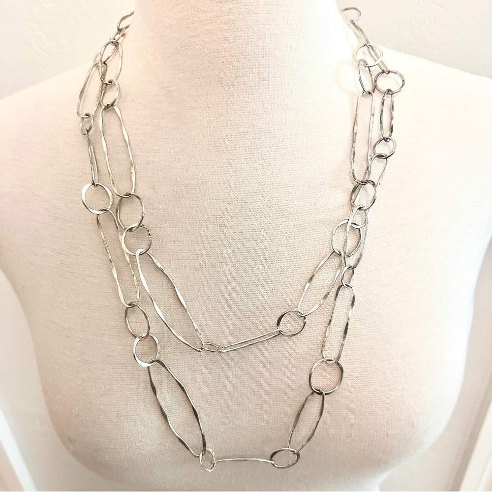 Hammered links super long Silver Chain Necklace